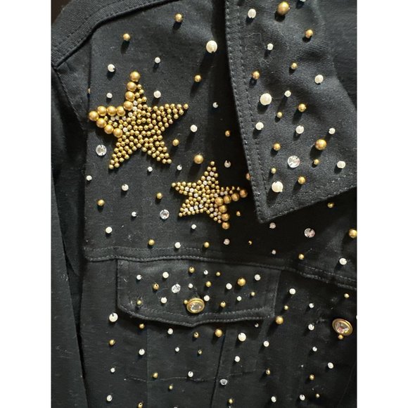 Quacker Factory size L black with gold white star beading rhinestone jean jacket - Picture 2 of 6